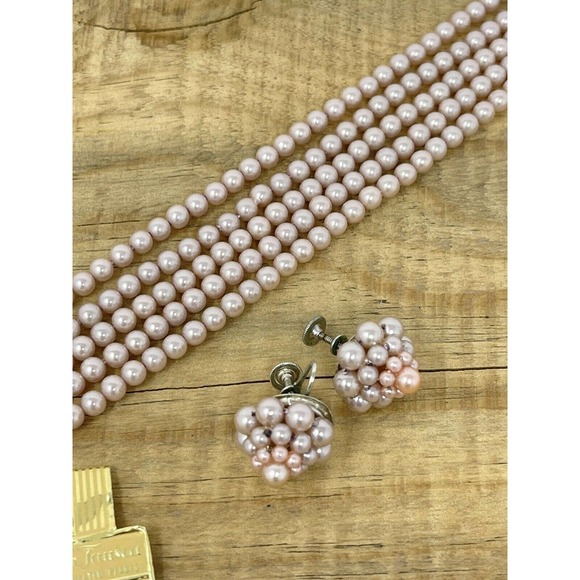Vintage La Tausca Simulated 5 Strand Pearl Choker & Earrings Set - Picture 6 of 6